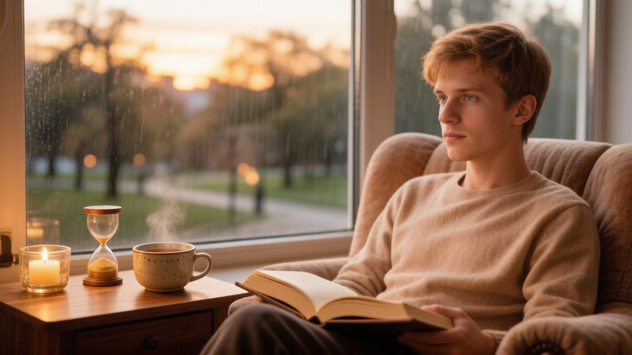 Человек в уютном кресле с книгой и чашкой чая — иллюстрация к отдыху и восстановлению сил в гороскопе на 16 августа.
